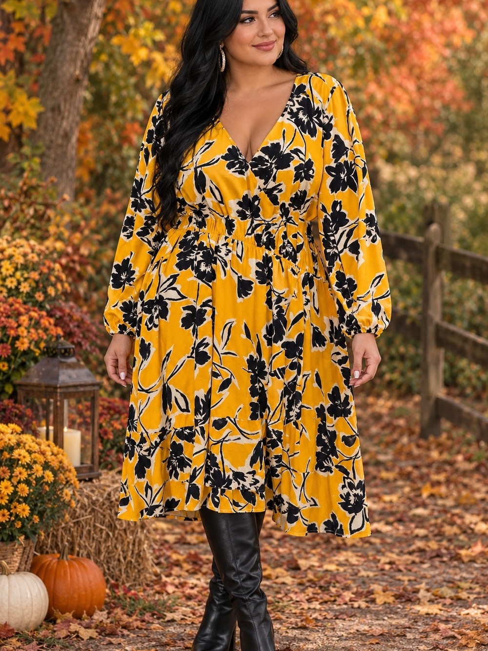 Lane Bryant Yellow Floral V-Neck Midi Dress
